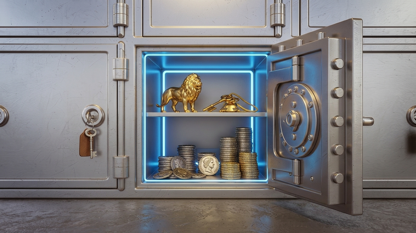 Safe haven currencies concept: an open bank vault protecting gold and coins, Income Capital Management insights